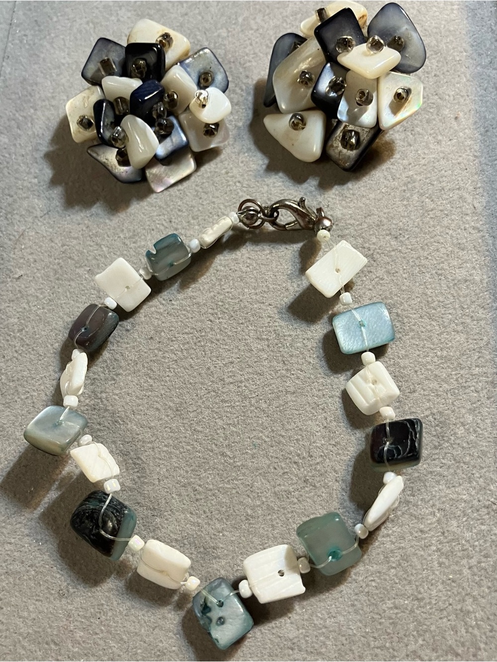 Vintage Mother of Pearl Japan Clip Earrings with Handmade Bracelet 7” Boho